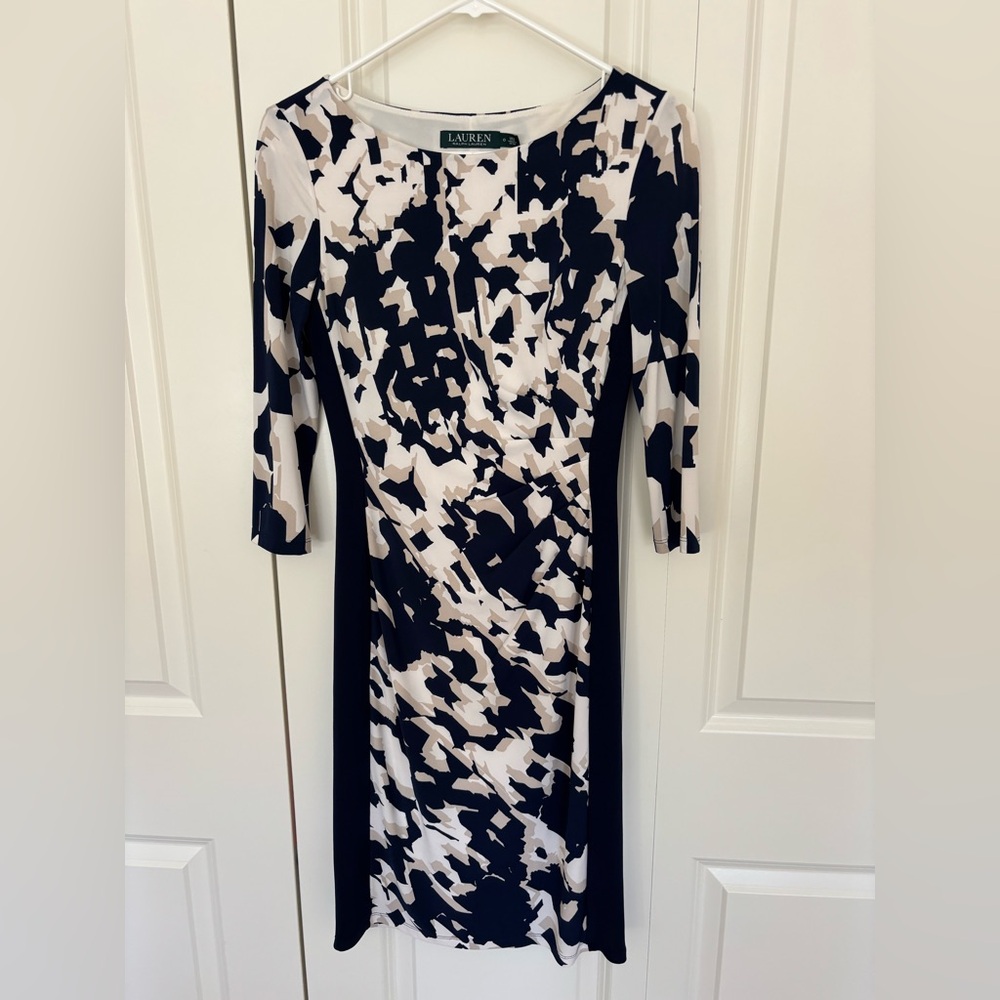 Lauren Ralph Lauren Navy Blue Abstract Print 3/4 Sleeve Wiggle Sheath Dress Sz 0